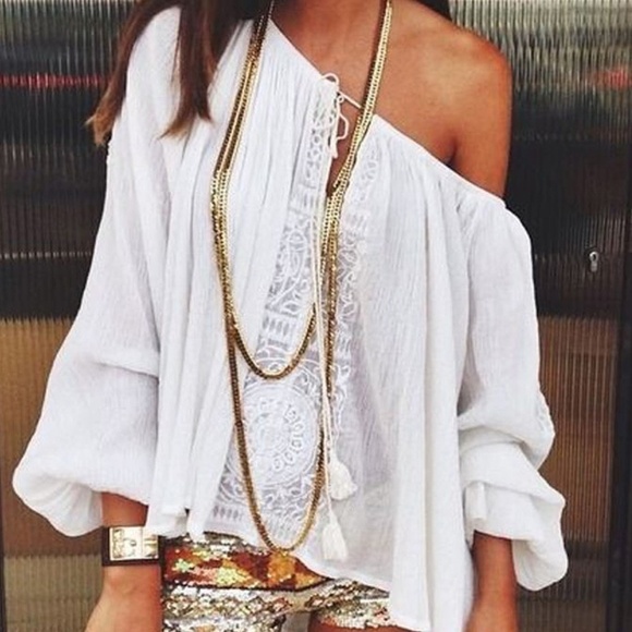 Figleaffashion Tops - New Boho White Gauze Tassel Festival Blouse Top